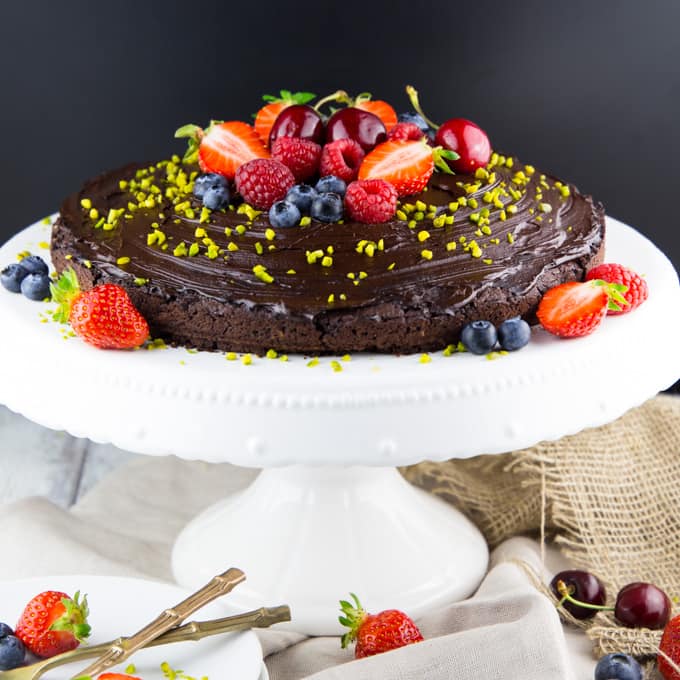 Chocolate cake decorated with fruits